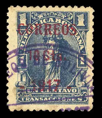 Провизорий Кобихи (1917): красная надпечатка «Correos 10 Cts. - 1917 -» («Почта. 10 сентаво. 1917») на фискальной марке номиналом в 1 сентаво&nbsp;(Sc #102)