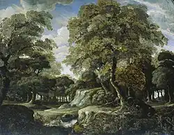 Лесной вид с прудом и ручьём. Между 1660 и 1690. Стекло, масло. Рейксмюсеум, Амстердам