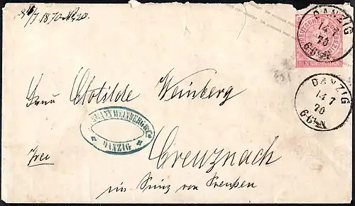 Северогерманский союз (1870). Письмо направлено из Данцига в Кройцнах