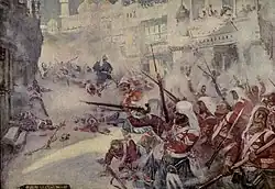 «Британские солдаты с боем прокладывали себе путь по улицам города». Иллюстрация к книге «История Индии», 1912