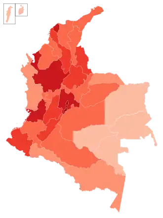 Департаменты Колумбии, где есть зафиксированные случаи заражения <1 000 случаев
1 000-4 999 случаев
5 000–9 999 случаев
10 000–49 999 случаев
50 000–99 999 случаев
100 000–499 999 случаев
≥500 000 случаев