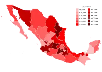 Всего подтверждённых случаев на территории Мексики:
1—10 подтверждённых случаев
11—50 подтверждённых случаев
51—100 подтверждённых случаев
101—250 подтверждённых случаев
251—500 подтверждённых случаев
501—1000 подтверждённых случаев
1001—5000 подтверждённых случаев