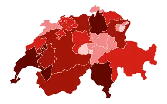 Карта Швейцарии в разрезе количества заражённых &nbsp;1-99 случаев &nbsp;100-499 случаев &nbsp;500-999 случаев &nbsp;1,000-2,499 случаев &nbsp;2,500+ случаев