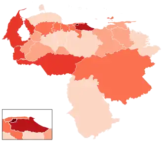 Штаты Венесуэлы, где есть зафиксированные случаи заражения
<10 случаев
10–19 случаев
20–29 случаев
≥30 случаев