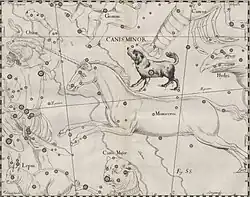 Созвездие Малого Пса (выше и чуть правее центра) в  атласе звёздного неба Яна Гевелия, 1690 год