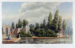 «Турецкие палатки» в парке Монсо, Париж (по картине Кармонтеля). Офорт, раскраска акварелью