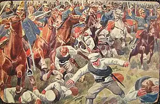 Военная пропаганда. Почтовая открытка Австро-Венгрии с репродукцией картины, изображающей атаку австро-венгерских драгун на русскую пехоту в битве при Краснике