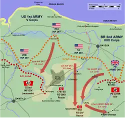A diagram of the Caumont Gap and the advances made by the Anglo-American forces, as described in the text.