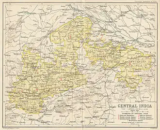 Агентство Центральной Индии в 1909 году. Гвалиорские земли — в центре, между цифрами 4, 5 и 6