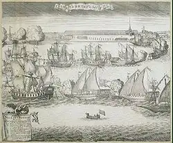 Торжественный эскорт четырех трофейных шведских фрегатов на Неве после победы при Гренгаме. Худ. А. Зубов.