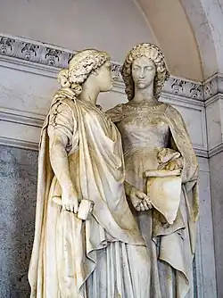 Надгробный памятник живописцу Джованни Баттисте Джиголе с аллегориями скульптуры и живописи. Пантеон Монументального кладбища Брешии