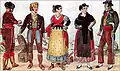 Народный костюм Андалусии (слева направо — житель Малаги, хозяин гостиницы в горах Сьерра-Морена, жена андалусийского контрабандиста) и Кастилии (вторая справа — мадридская манола (кокетливая девушка), крайний справа — мадридский маноло (франт из простонародья))
