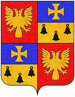 На гербе рода, основном, в виде щита, разделённого на четыре части, одинаковых частей, крест на крест, в первой верхней, левой (и нижней правой части) части изображён орёл, символом Византийской империи (в правлении Палеологов), в верхней правой (и нижней левой части), поделённой на два сегмента, в верхней части сегмента изображён  золотой крест  на синем фоне, в нижней части сегмента изображены три чёрных колокола, на золотом фоне.