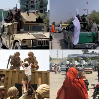 Верх: бойцы «Талибана» на улицах КабулаНиз: американские солдаты помогают эвакуировать афганского ребёнка; вход в аэропорт Кабула 17 августа 2021