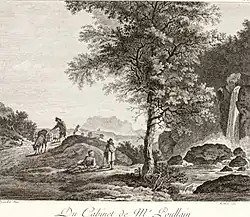 Горный пейзаж с водопадом и путешественниками. По картине А. Пейнакера. 1781. Из издания «Кабинет гравюр господина Пулена» (Сabinet en gravures de monsieur Poullain). Офорт, резец