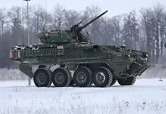 M1296 Stryker Dragoon 2-го кавалерийского полка на полигоне Бемово-Писке в Польше.  11 февраля 2021