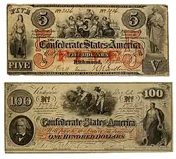 Купюры 5 и 100 долларов Конфедеративных Штатов Америки (1861—1862)