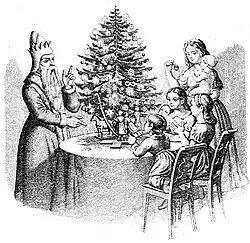 Дети и Санта Клаус у рождественской елки. Гравюра из немецкой книги «50 басен с картинками для детей», 1876