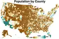 Количество жителей по округам. Белый цвет — 100&nbsp;000 человек, дальнейший переход в коричневый — уменьшение (тёмно-коричневый — меньше 20&nbsp;000 человек); переход от белого в синий — увеличение (тёмно-синий — больше 5&nbsp;000&nbsp;000 человек).