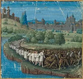 Крестовый поход бедняков. Миниатюра Жана Коломба из книги Себастьена Мамро «Походы французов в Утремер» (1474).