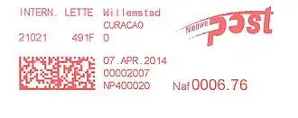 2014: в статусе самостоятельной автономии Кюрасао, с логотипом компании Nieuwe Post Nederlandse Antillen («Новая почта Нидерландских Антил»)[^]