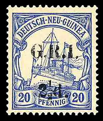 20 пфеннигов. Британская надпечатка «G. R. I.» (от лат.&nbsp;«Georgius Rex Imperator»&nbsp;— «Георг, король и император») (1914)