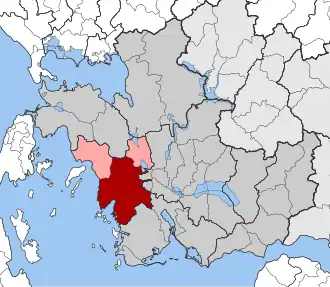 Карта общины: 1 — Астакос 2 — Ализия (слева) и Фитие