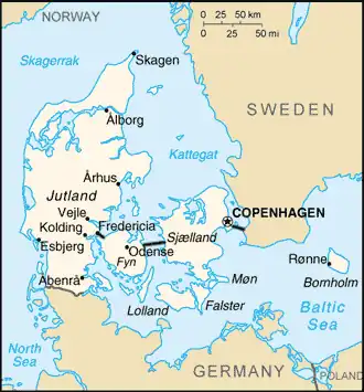 Map shows Denmark, including the Jutland peninsula and the islands of Sjaelland and Fyn.