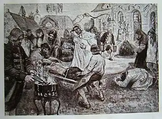 Иллюстрация работы В. Н. Курдюмова к энциклопедическому изданию «Великая реформа», на которой изображены истязания Салтычихи «по возможности в мягких тонах»