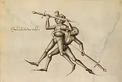 Борцовский приём в схватке на мечах.