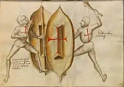 Схватка на фехтовальных щитах и булавах-кюбелях.