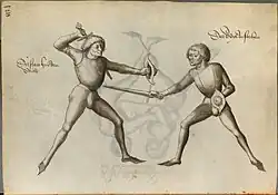 Схватка на мечах и щитах-баклерах.