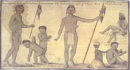 Племя чокто со скальпами в руках готовится к битве. А. де Бац, 1730.