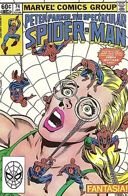 Дебра Уитман на обложке Peter Parker, The Spectacular Spider-Man Vol 1 #74 (Январь, 1983)Художник — Боб Холл.