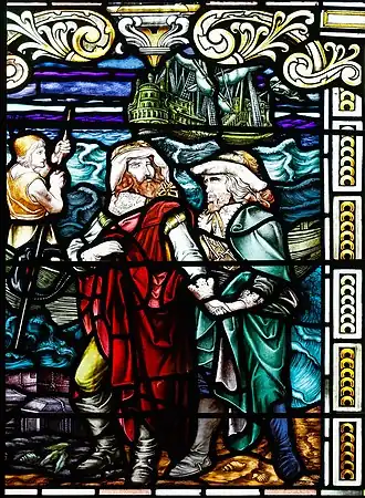 Деталь витражного окна в Гилдхолле в Дерри, изображающая высадку сэра Генри Доквры в Калморе в 1600 году.