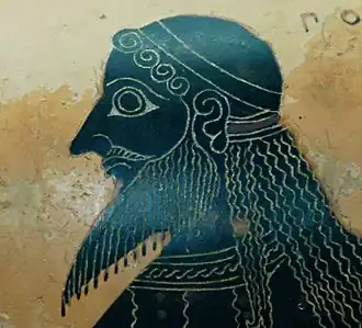 Голова Посейдона (по надписи), фрагмент сцены, изображающей Афину и Посейдона. Аттическая чернофигурная амфора, ок. 550–530 до н. э. из Вульчи. Приписывается Мастеру Амасиса