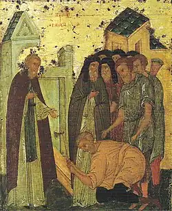 Димитрий во время постройки храма предсказывает смерть Димитрия Донского. Клеймо 8