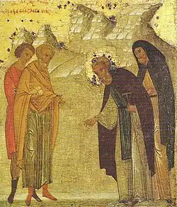 Димитрий и Пахомий приходят в Вологду и получают землю для монастыря от Ильи и Исидора. Клеймо 7