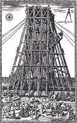 Подъём и установка «Ватиканского обелиска» на площади Св. Петра в Риме в 1586 году. Инженер Доменико Фонтана. Гравюра 1590 года