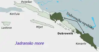 Зелёным - оккупированные ЮНА территории, входившие в состав Дубровницкой республики