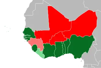 &nbsp;&nbsp;&nbsp;&nbsp; Нигер и его союзники
&nbsp;&nbsp;&nbsp;&nbsp; Страны, поддержавшие хунту Нигера
&nbsp;&nbsp;&nbsp;&nbsp; Страны ЭКОВАС, выступившие против переворота и хунты