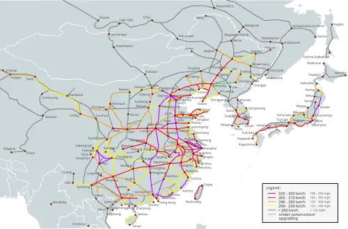 Высокоскоростные магистрали Восточной Азии 320-350 км/ч  265−310 км/ч  240−260 км/ч  200−230 км/ч  <200 км/ч