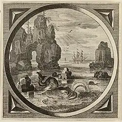 Морское чудовище на фоне скалистого берега, парусный корабль на дальнем плане. 1625. Офорт