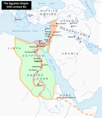 Новое царство в период максимального могущества в XV веке до н. э.: его власть также распространяется на Нубию, Ливию, Палестину и Сирию.