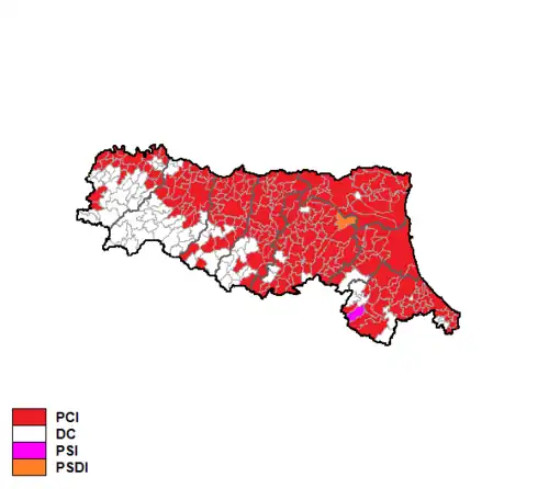 Красный — Итальянская коммунистическая партия, белый — Христианско-демократическая партия, розовый&nbsp;— Итальянская социалистическая партия, оранжевый — Итальянская демократическая социалистическая партия