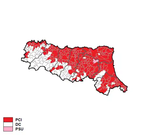 Красный — Итальянская коммунистическая партия, белый — Христианско-демократическая партия, розовый&nbsp;— Единая социалистическая партия