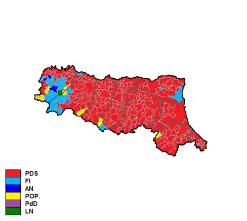 Красный — Демократическая партия левых сил, синий — Вперед, Италия, тёмно-синий — Национальный альянс, жёлтый — Итальянская народная партия, сиреневый — Демократический пакт, зелёный — Лига Севера