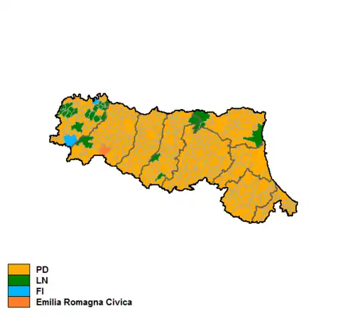 Желтый — Демократическая партия, зеленый — Лига Севера, голубой — Вперед, Италия, оранжевый — Граждане Эмилии-Романьи
