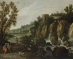 Скалистый пейзаж с водопадом. Дерево, масло. Частное собрание