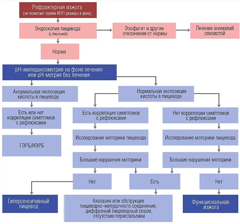 Алгоритм диагностики функциональной изжоги и гиперсенситивного у пациентов с рефрактерной изжогой (изжогой, которая не лечится ингибиторами протонной помпы в двойной терапевтической дозе)
